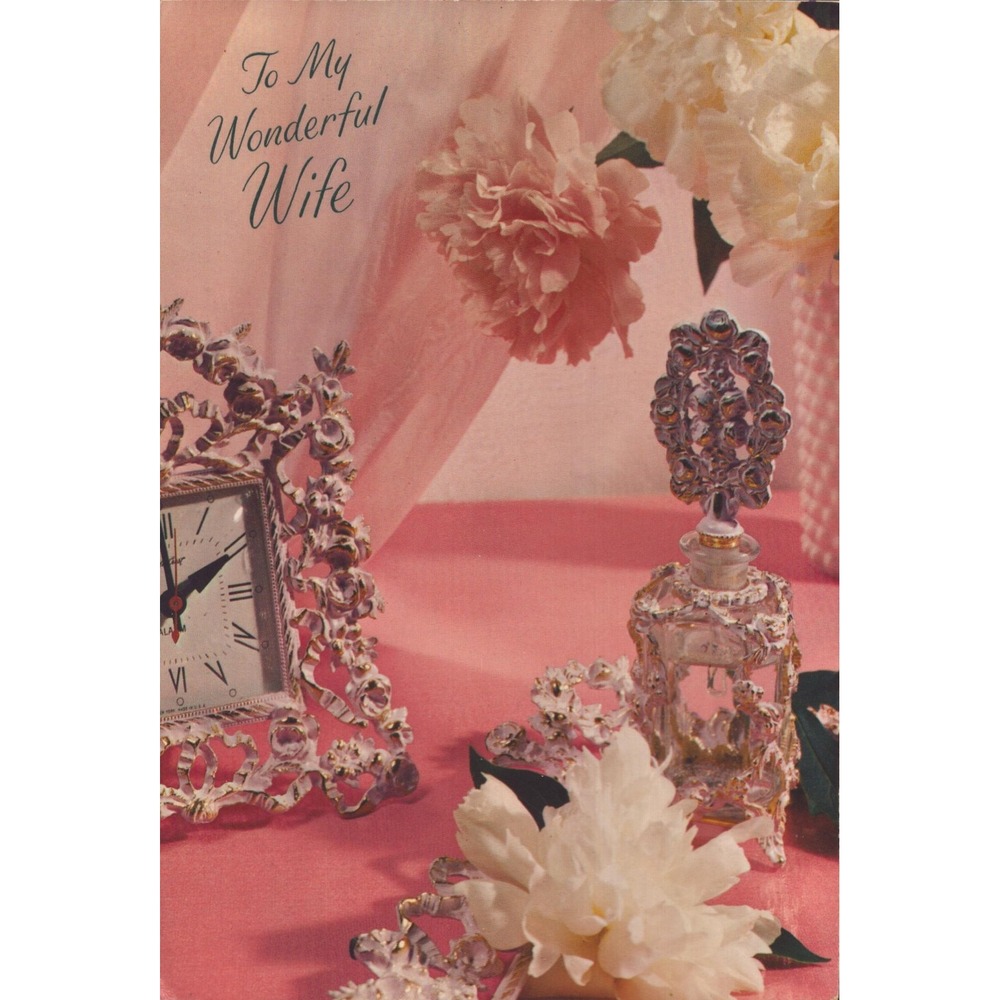 Vintage 1950s Hallmark Anniversary Card To My Wonderful Wife Pink Floral Photo